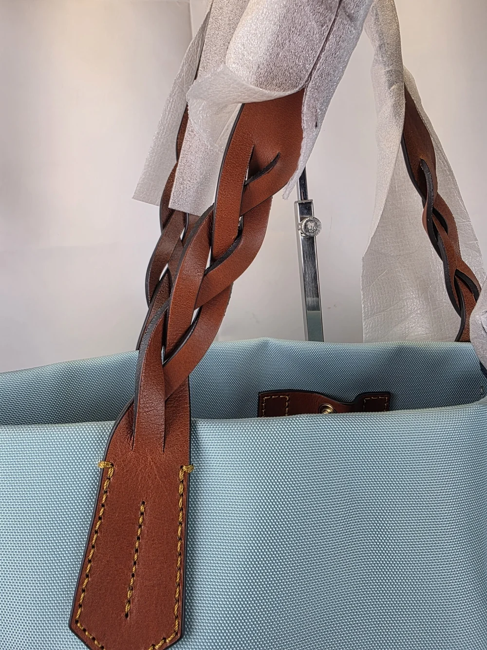 Dooney & Bourke Blue Nylon Shopper Tote Large Bag Brown Braid Leather Handles